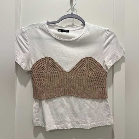 Zara White and Tan Ribbed Crop Top - Picture 1 of 3